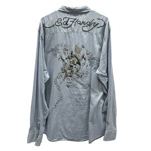 Rare Ed Hardy Christian Audigier Embroidered Chains Button Down Shirt Size XXXL